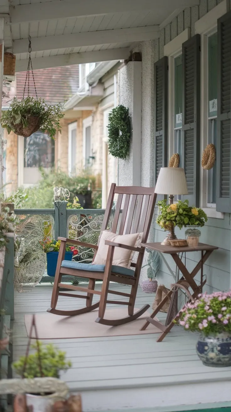 This cozy porch, with its weathered wood and vintage details, whispers tales of simpler times. The rocking chair invites you to linger, while the potted plants and charming décor add a touch of rustic elegance. A tranquil retreat awaits.