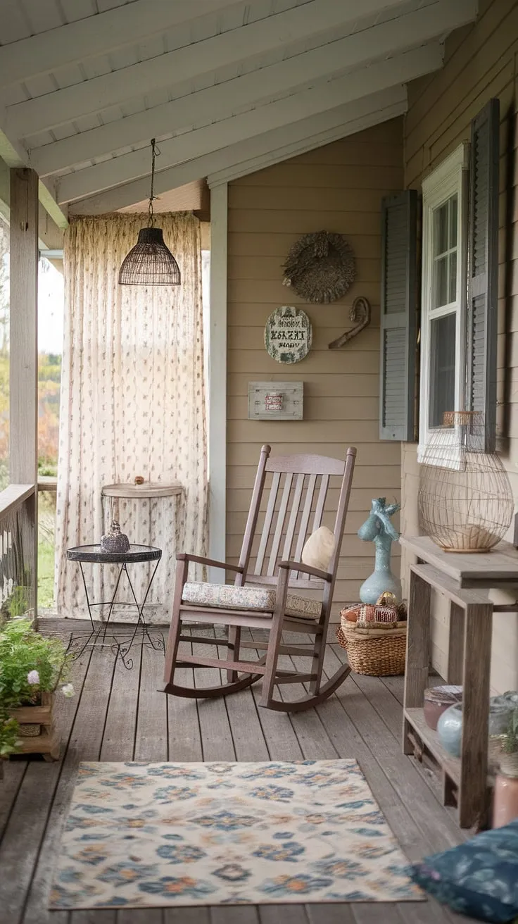 Sunlight spills onto this charming shabby chic porch, a perfect spot for a quiet afternoon with a good book. The gentle rocking of the chair, the warm glow of the wire lampshade, and the comforting floral rug create a haven of peace and a tranquility.