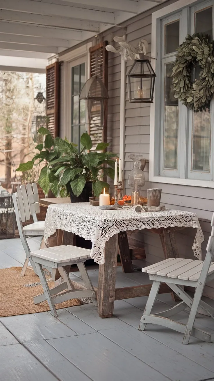 This rustic porch, with its worn white chairs and delicate lace tablecloth, invites you to linger. The soft glow of the candle and the comforting presence of potted greenery create a haven of tranquility. It's the perfect place to unwind and enjoy the simple pleasures of life.