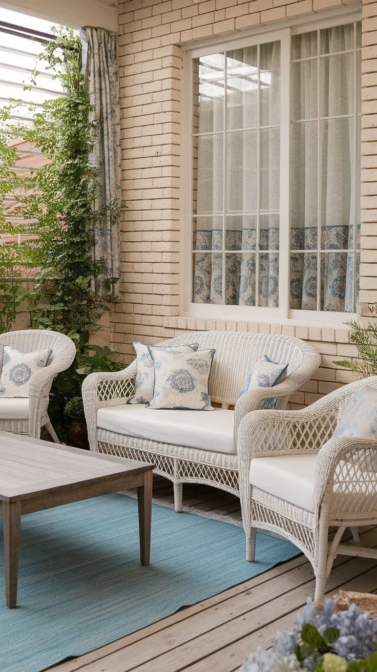 Sunlight streams through the patterned curtains, illuminating the cozy shabby chic patio. A white wicker sofa and chair, adorned with blue and beige cushions, invite relaxation on the wooden floor, while a blue rug adds a pop of color. The gentle atmosphere is perfect for a quiet afternoon a with a good book.