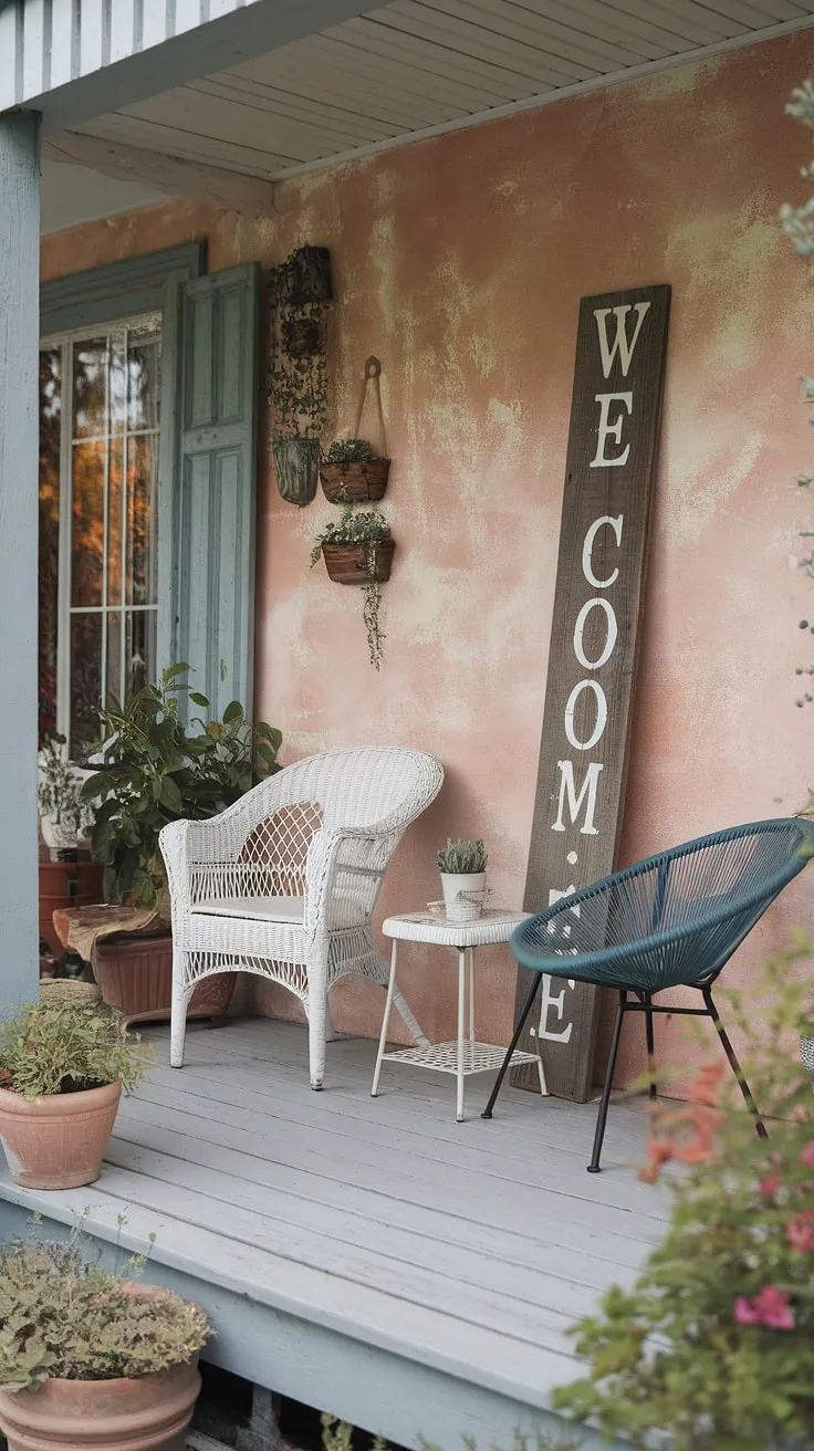 Step onto this charming porch, where a weathered welcome sign and cozy seating area await. The gentle interplay of blue and white, complemented by lush potted plants, creates a tranquil escape. A perfect spot for quiet contemplation and a afternoon tea.