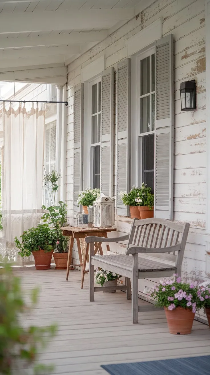 This shabby chic porch whispers tales of lazy afternoons and quiet evenings. The weathered wood, the hint of paint peeling, and the soft glow of the lantern create a haven of peace; a perfect spot for a cup of tea and a good book. A gentle breeze rustles through the unseen curtains, promising a tranquil escape.