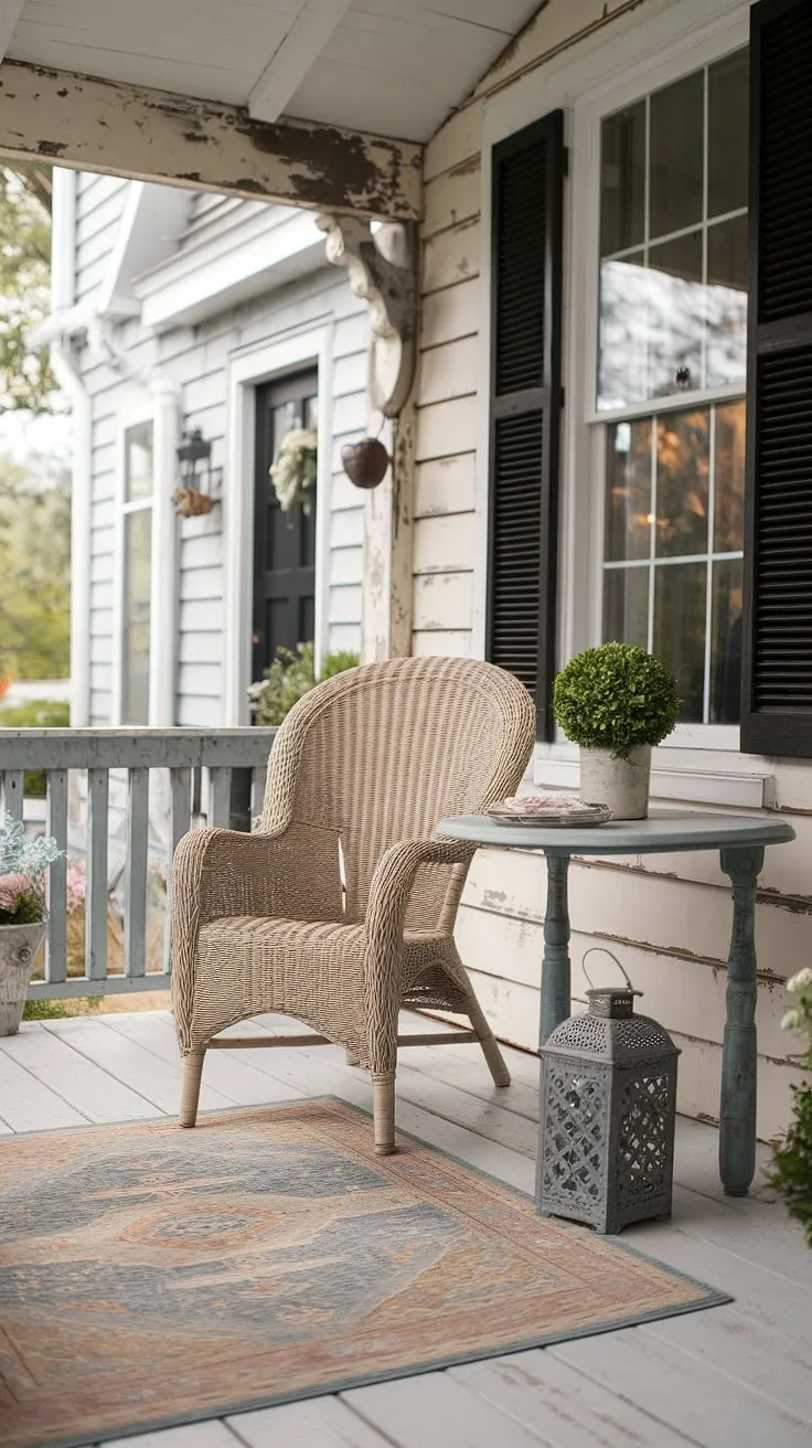 The weathered wood and cozy details of this porch create a perfect escape. A wicker chair, a small table, and the soft glow of a lantern invite relaxation, while the charming cottage in the background adds to the idyllic scene.
