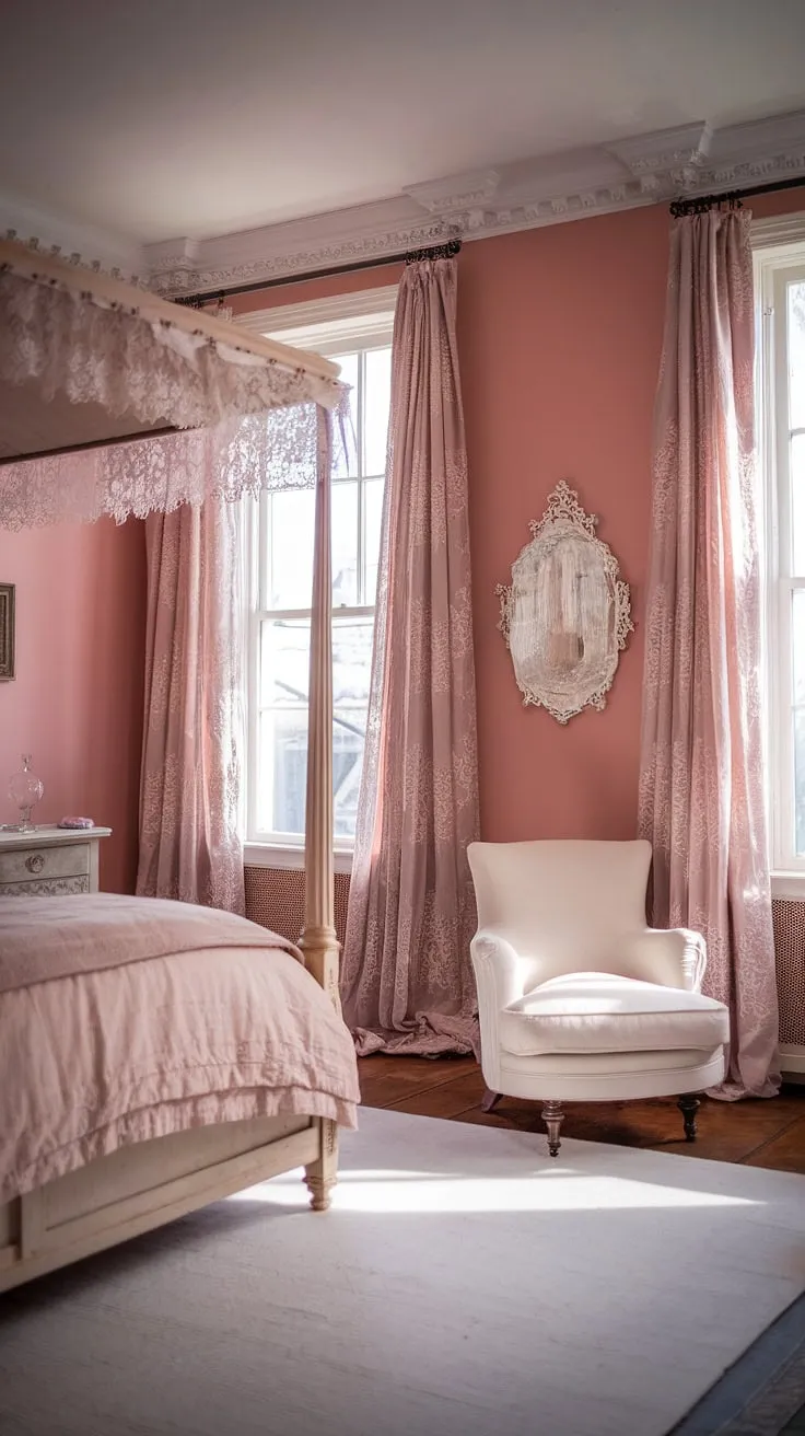 Lost in the delicate embrace of lace and whispers of romance, this shabby chic bedroom is a sanctuary of soft pink hues and Victorian charm. A haven of tranquility, where dreams are spun under a canopy of elegance. A perfect escape, a quiet corner of the world, a testament to timeless beauty.