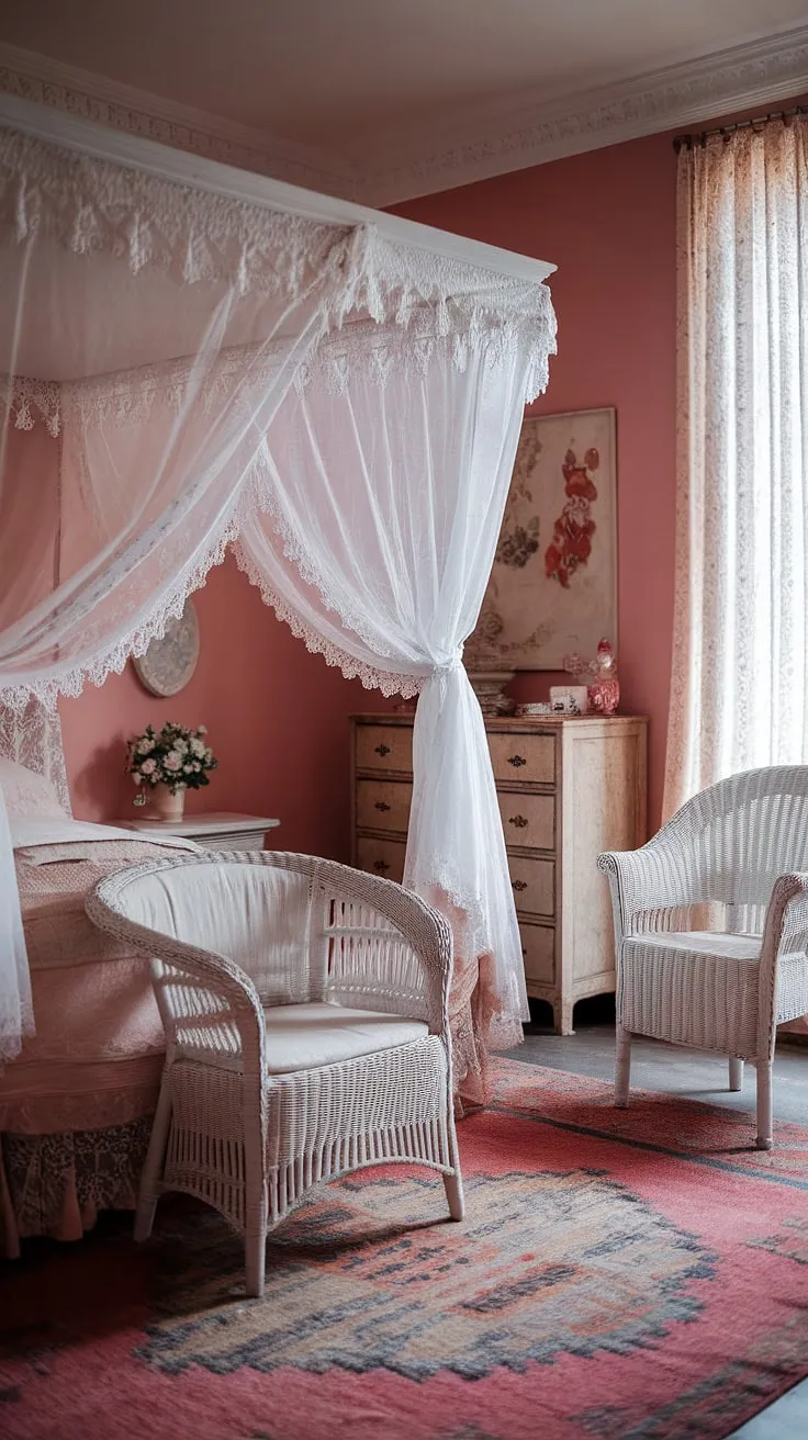 Lost in the delicate embrace of lace and whispers of a bygone era, this shabby chic bedroom is a sanctuary of romantic dreams. The soft pink walls, antique dresser, and white wicker chair create a haven of tranquility, a perfect escape from the everyday. A testament to timeless elegance.
