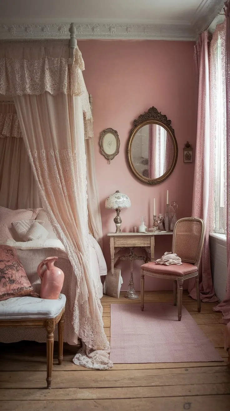 Step into a world of Victorian charm and romantic reverie. This dreamy bedroom, bathed in soft pink light, is a testament to elegant simplicity. The intricate lace canopy, vintage mirror, and carefully chosen accents create an atmosphere of peaceful intimacy, a place to unwind and reconnect with your inner self. A truly enchanting space.