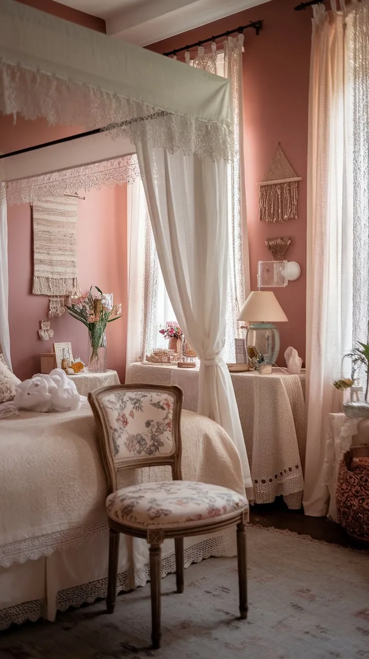 Lost in the dreamy embrace of this shabby chic haven, where delicate lace whispers secrets and soft pink walls cradle sweet dreams. A vintage aesthetic reigns, creating a space of unparalleled romance and tranquility. A perfect sanctuary for quiet contemplation and cherished moments.