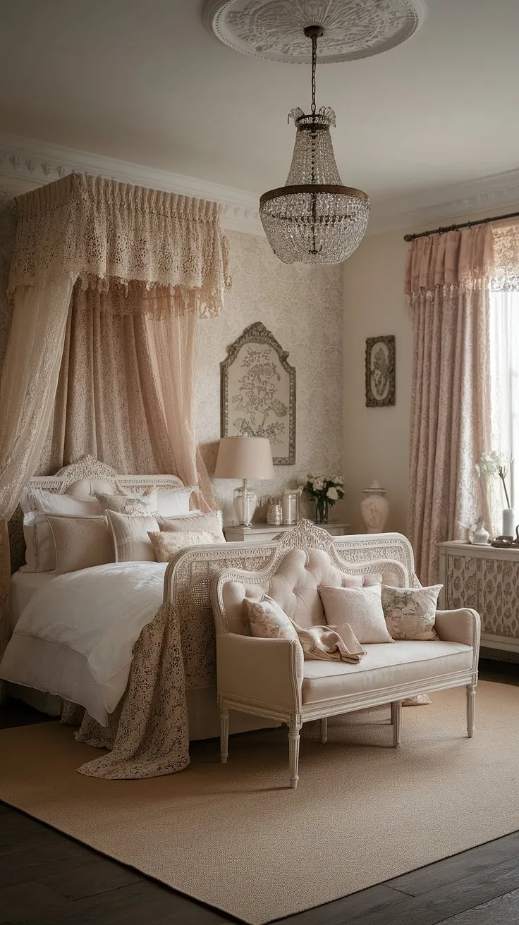 Step into a world of refined romance, where shabby chic meets Victorian elegance. The intricate lace canopy, patterned wallpaper, and soft lighting weave a spell of tranquility. Every detail, from the antique vase to the delicate chandelier, speaks of a bygone era of grace and beauty. A truly captivating escape.