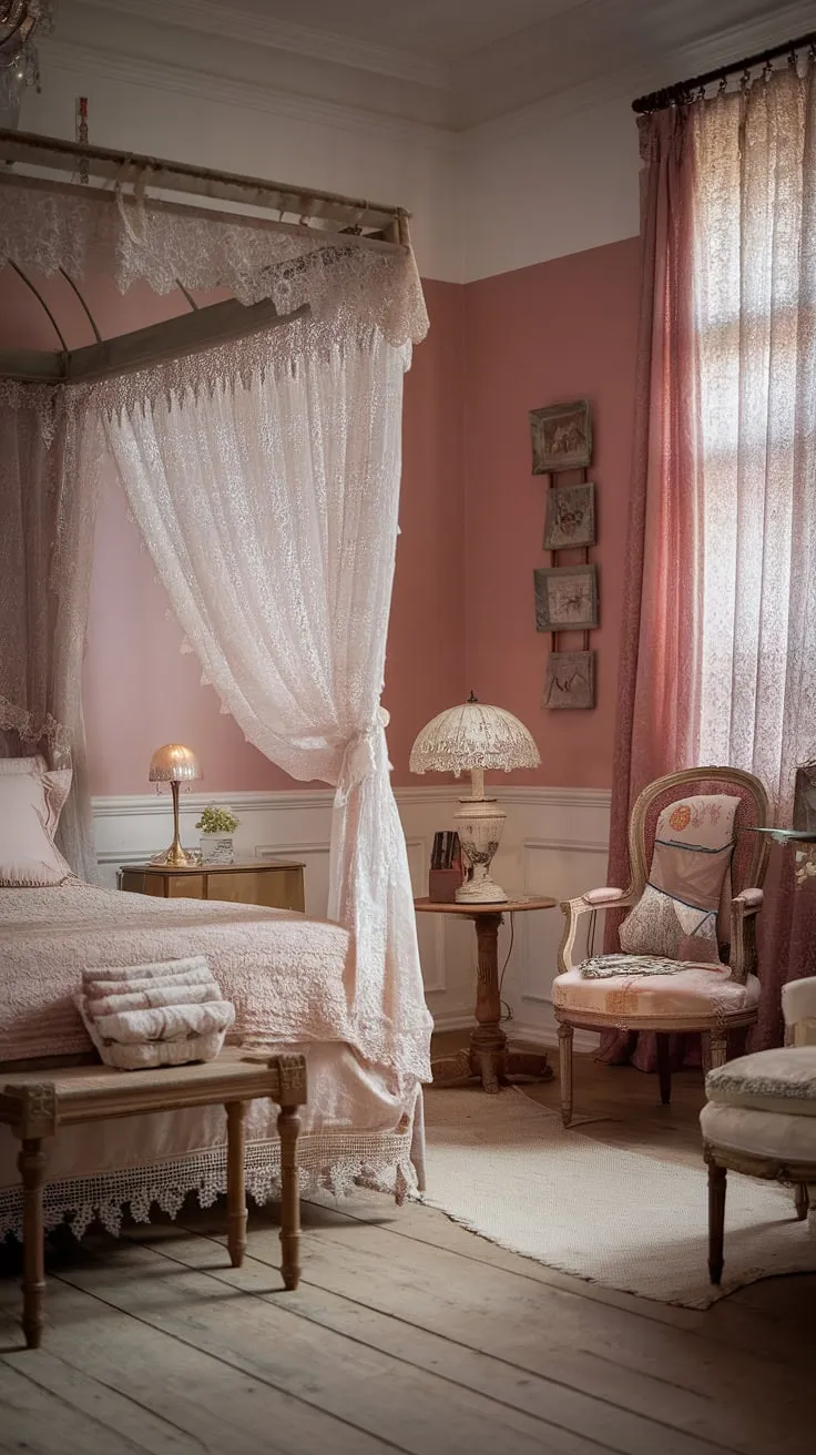 Lost in the delicate embrace of lace and whispered secrets, this shabby chic Victorian bedroom offers a sanctuary of romance. The soft pink walls, aged wood floors, and antique furnishings create an atmosphere of timeless elegance. A perfect haven for quiet contemplation and sweet dreams.