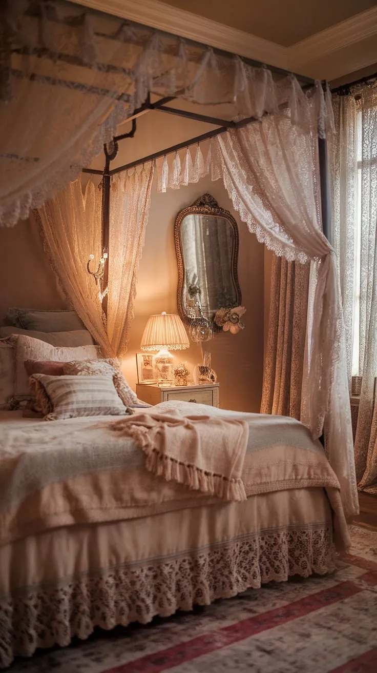 Drift away to slumber beneath a canopy of lace, in this Victorian-inspired haven. The delicate curtains and antique mirror create an atmosphere of timeless elegance and quiet intimacy. A truly enchanting retreat.