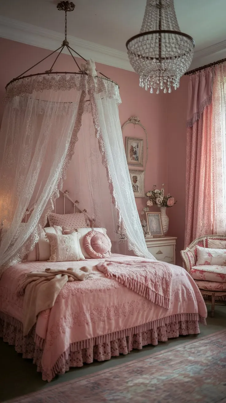 Step into a dream: a Victorian haven painted in soft pink, draped in lace, and illuminated by a gentle chandelier. The delicate details and cozy ambiance create a space where romance and tranquility intertwine. A truly enchanting retreat.