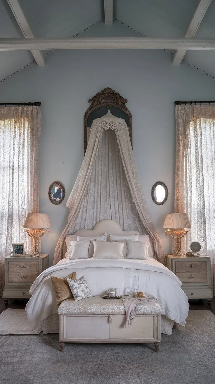 Lost in the lace and light blue hues of this dreamy Victorian-inspired bedroom. The antique mirror catches the gentle light, creating a captivating ambiance. Every detail, from the delicate canopy to the ornate nightstands, speaks to a refined elegance, a testament to timeless romance and cherished memories.