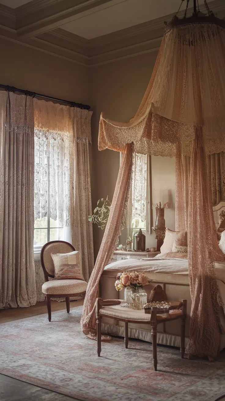 Lost in the lace and whispers of a bygone era, this shabby chic bedroom evokes a romantic Victorian dream. The high ceilings and delicate details create a haven of warmth and tranquility, a perfect sanctuary for quiet contemplation and sweet dreams. A testament to timeless elegance.