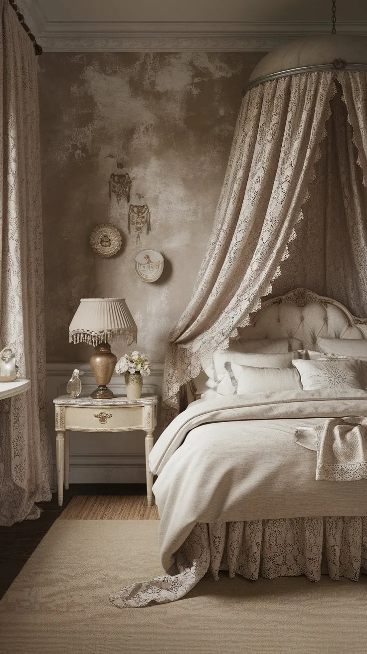 Lost in the delicate embrace of lace and faded grandeur, this shabby chic bedroom whispers tales of bygone romance. The distressed walls and vintage lamp only add to the captivating charm of this sanctuary. A haven of tranquility, it's a space where dreams are spun from moonlight and whispers.