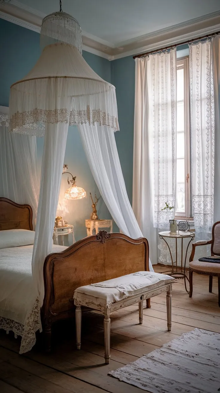 Step into a world of effortless elegance and old-world charm. This shabby chic bedroom, bathed in soft light, is a testament to romantic design. The delicate lace, antique furnishings, and calming blue hues invite you to unwind and embrace the beauty of simpler times.