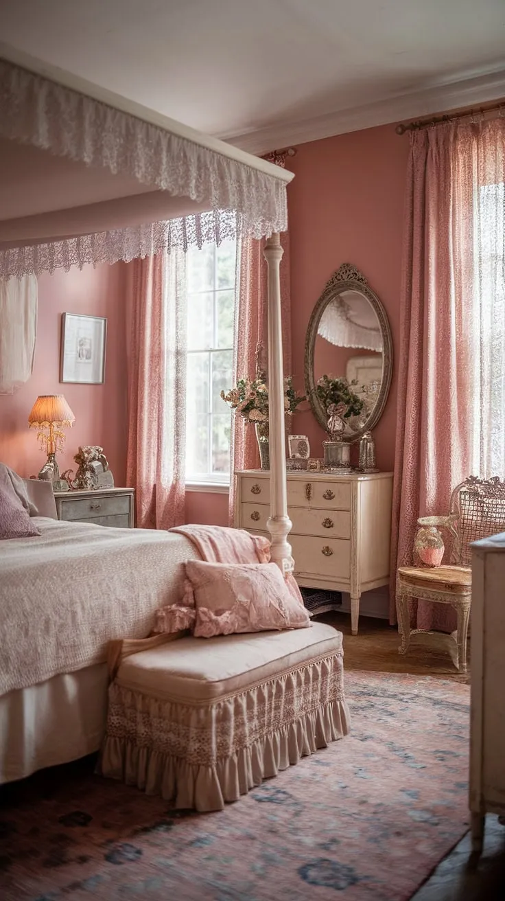 Step into a world of whispered secrets and faded grandeur. This romantic Victorian bedroom, with its lace-draped canopy bed and soft pink hues, is a testament to enduring beauty. The antique details and cozy ambiance create a space where time seems to stand still, a haven for the soul.