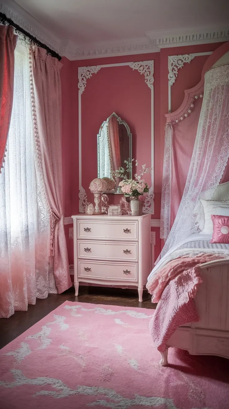 Step into a dream: This shabby chic bedroom, with its delicate lace canopy and soft pink hues, whispers tales of Victorian romance. The antique dresser and cozy ambiance create a haven of tranquility. A perfect escape.