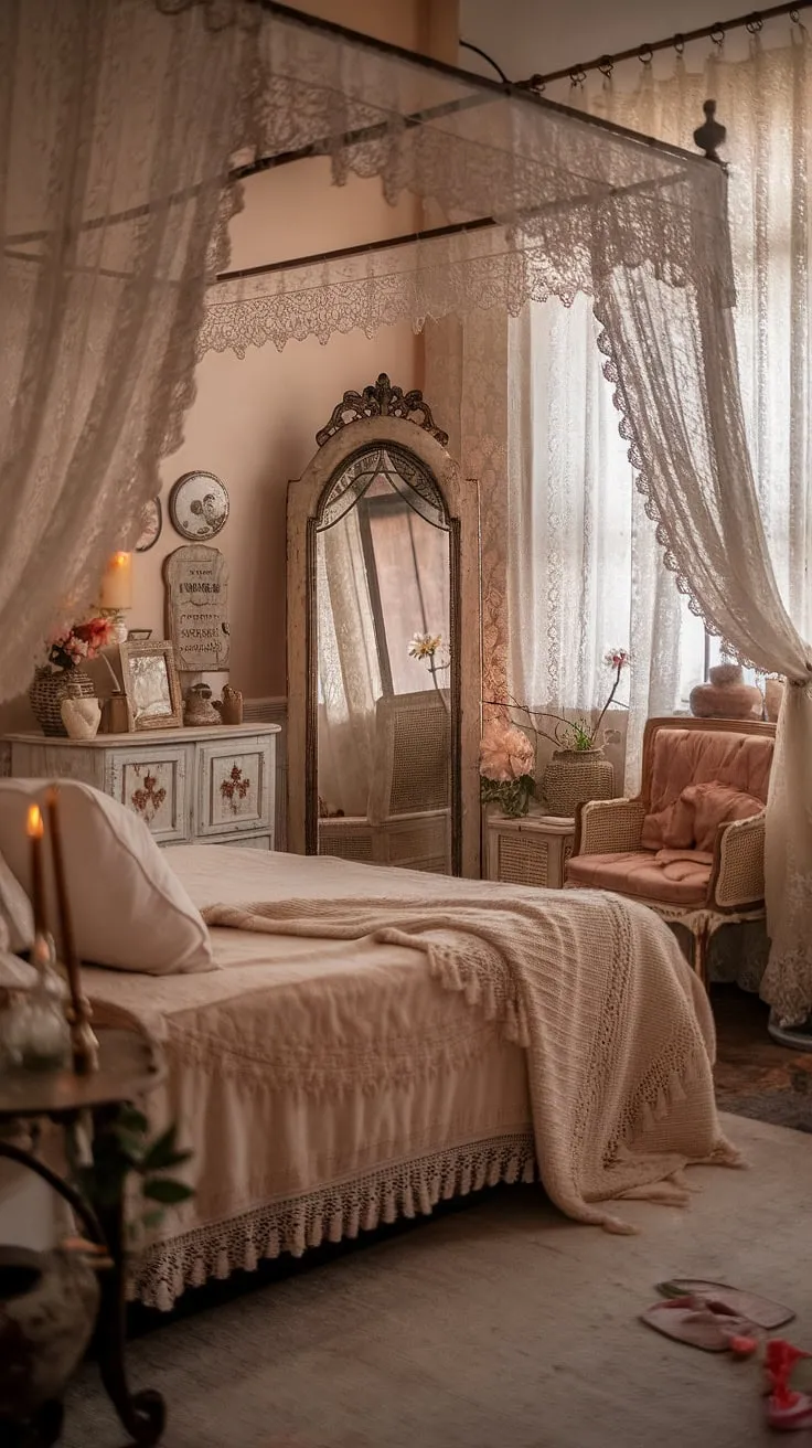 Lost in the dreamy embrace of this shabby chic haven, where lace whispers secrets and vintage charm fills every corner. The soft light dances on the antique mirror, reflecting a space designed for quiet contemplation and sweet dreams. A perfect sanctuary for the soul.