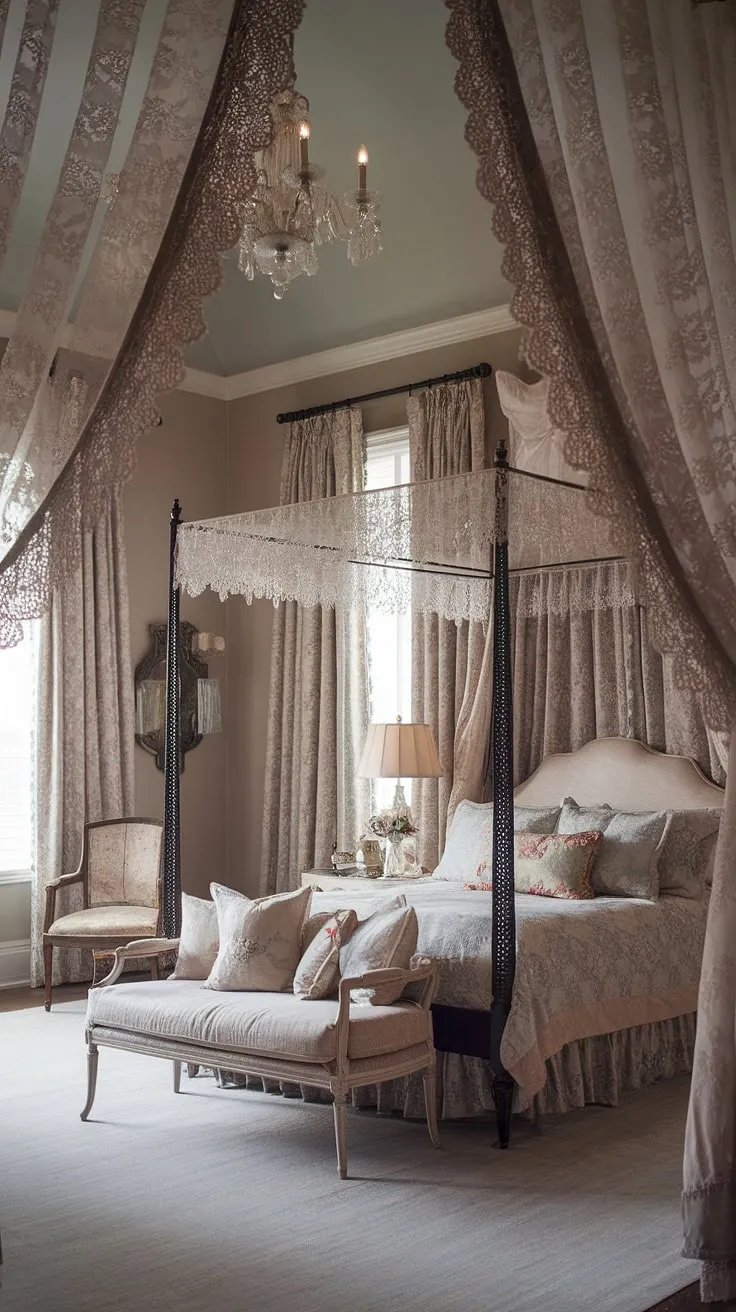 Step into a world of refined elegance and romantic charm. This shabby chic haven, with its four-poster bed draped in lace and antique details, evokes a sense of timeless beauty. The gentle light filtering through the lace curtains casts a spell, inviting you to unwind and lose yourself in the captivating allure of a bygone era.