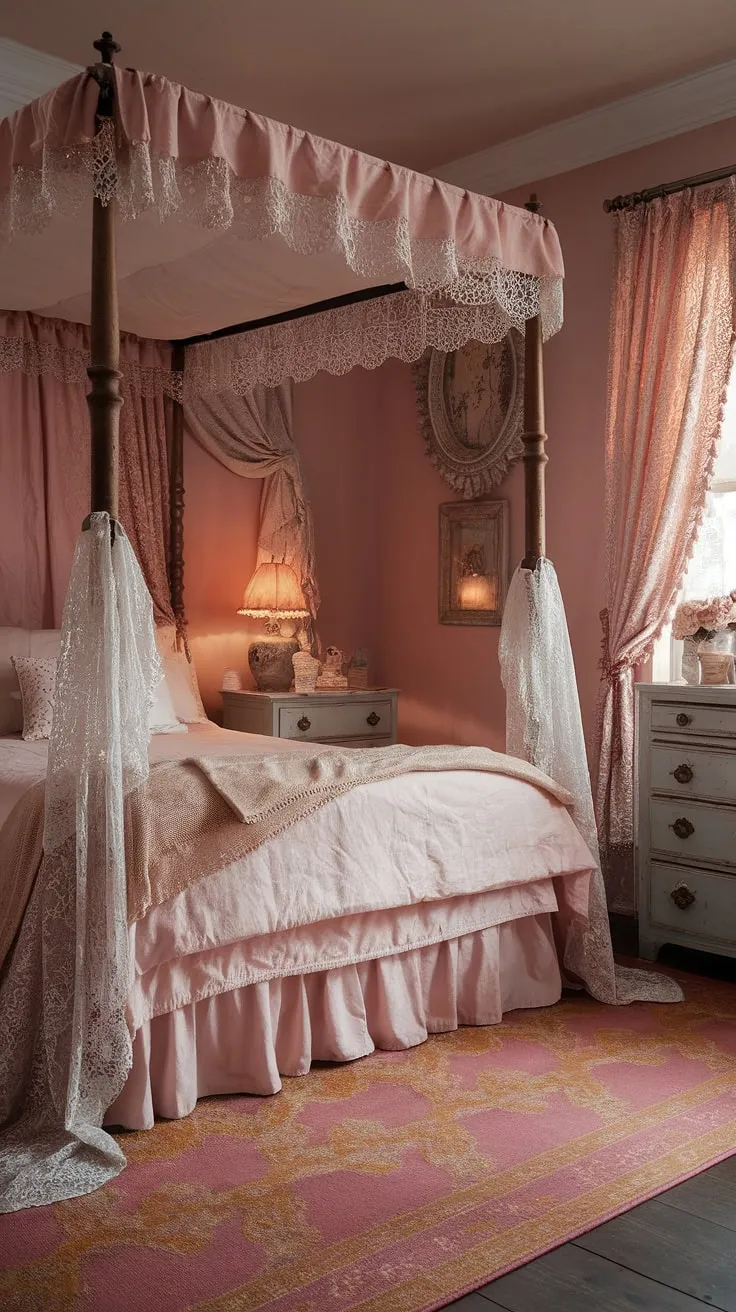 Lost in the lace and whispers of a bygone era, this shabby chic bedroom is a sanctuary of romance. The soft pink hues, delicate lace details, and antique furniture create a cozy and inviting atmosphere. A truly enchanting space where dreams are made.