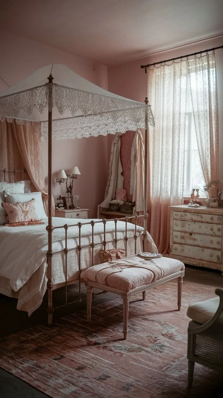 Lost in the dreamy embrace of this shabby chic haven, where antique charm meets modern comfort. The soft pink walls, delicate lace, and aged wood create a sanctuary of romance, a perfect escape for two. A whispered secret, a stolen kiss, a lifetime of memories waiting to be made.