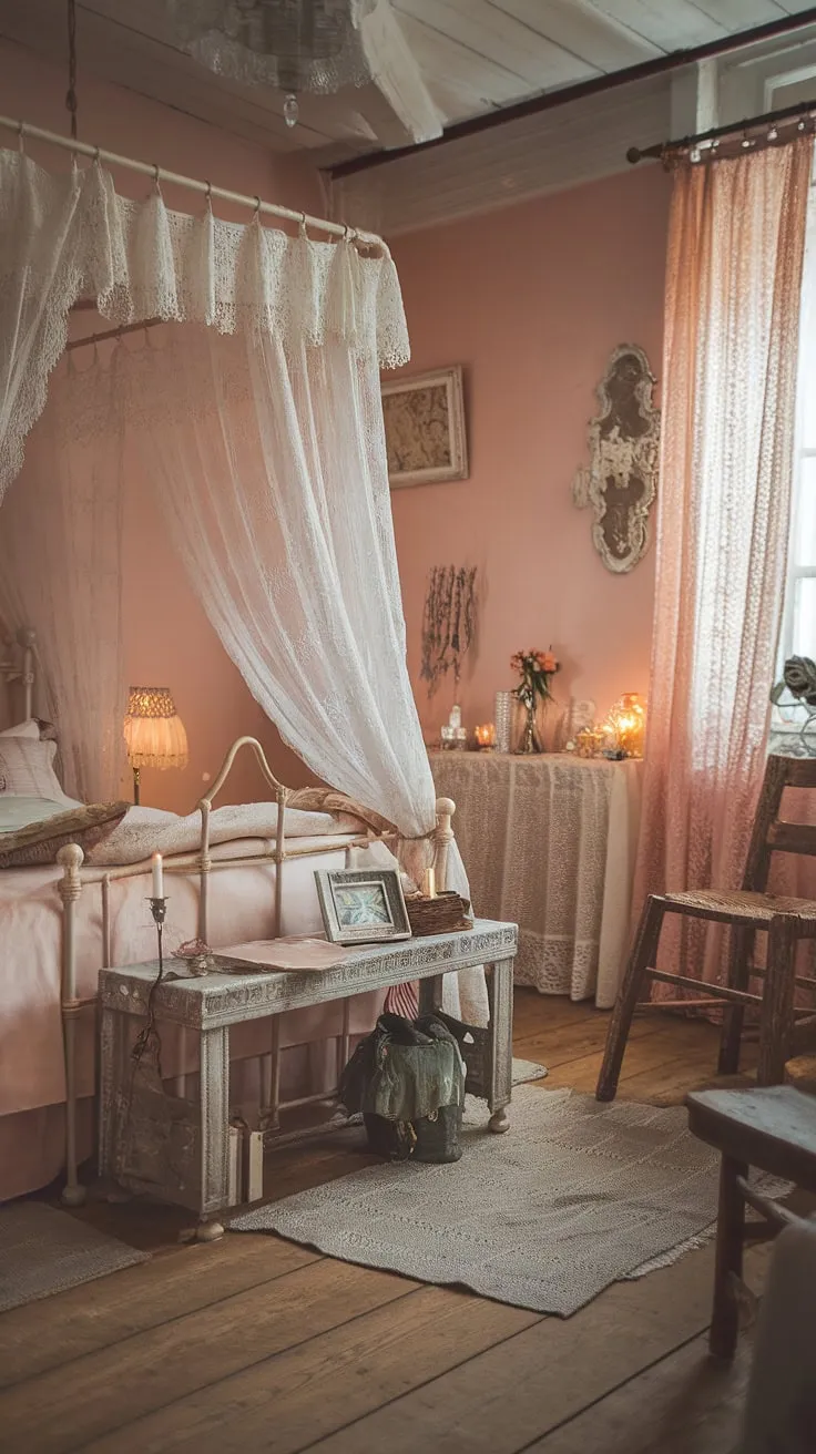 Lost in the delicate embrace of lace and whispered secrets, this shabby chic haven is a sanctuary of romance. The soft pink walls, aged wood, and gentle glow of the vintage lampshade create an atmosphere of unparalleled coziness. A perfect escape.