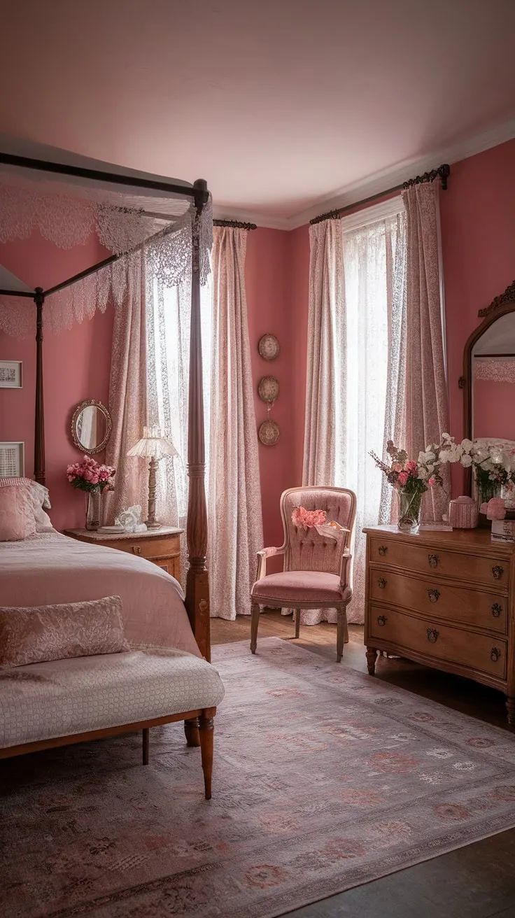 Step into a world of whispered romance and faded grandeur. This shabby chic bedroom, with its four-poster bed and antique details, is a sanctuary of gentle beauty, a place where dreams are born and cherished memories reside.