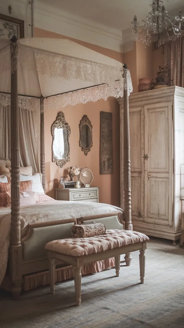 Step into a world of whispered secrets and faded elegance. This shabby chic bedroom, with its Victorian four-poster bed and lace canopy, evokes a sense of romantic nostalgia. The antique mirrors and warm lighting create a cozy haven, perfect for dreaming. A sanctuary of tranquility awaits.