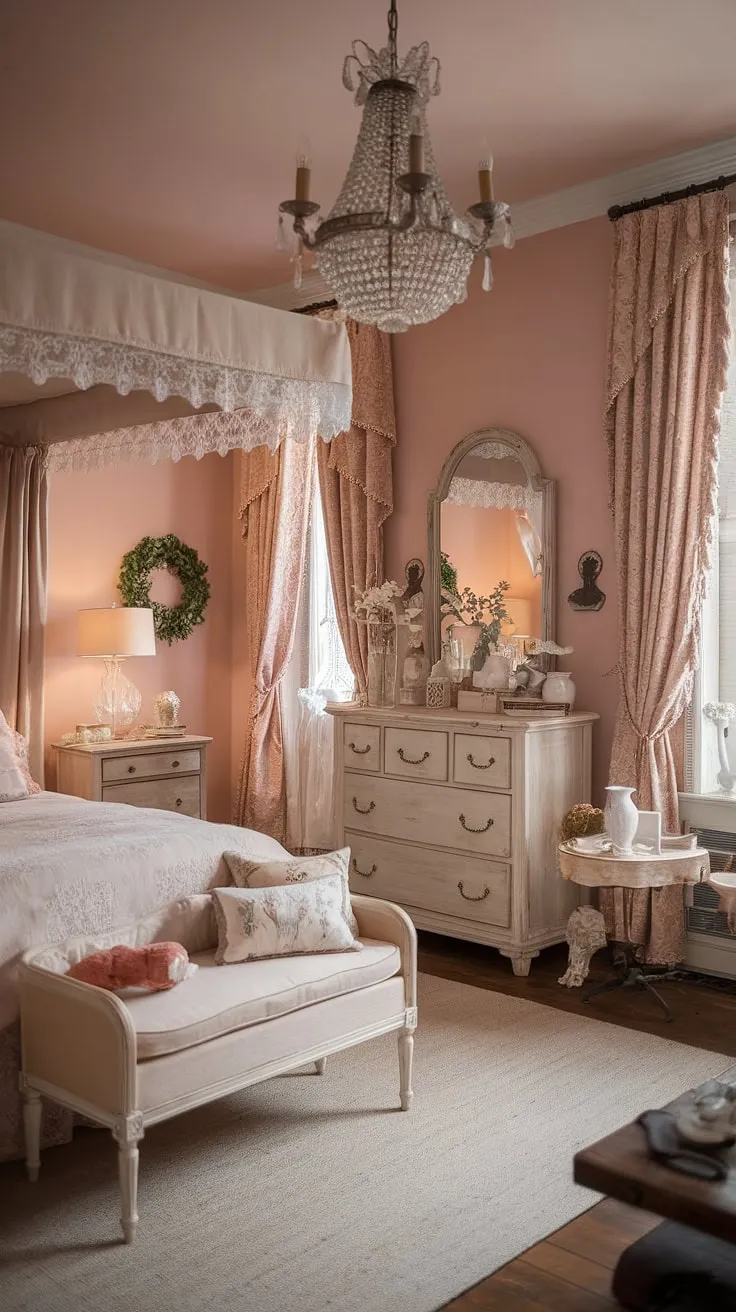 Step into a world of whispered secrets and delicate beauty. This shabby chic Victorian bedroom, with its lace-draped canopy bed and soft pink walls, is a haven of romance and tranquility. The antique dresser and ornate chandelier add to the timeless elegance, creating a space where dreams are born.