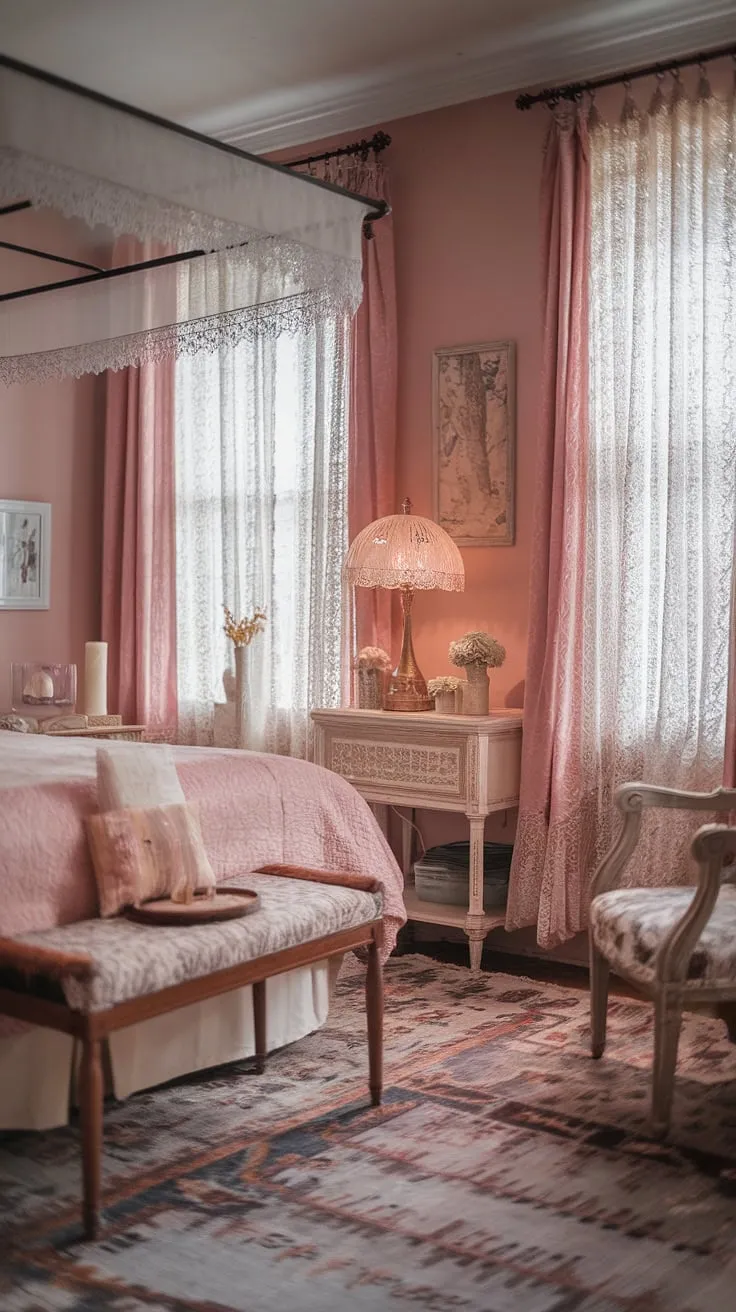 Lost in the delicate embrace of lace and whispered secrets, this Victorian-inspired bedroom is a sanctuary of romance. The soft pink walls, antique lamplight, and intricate details create an atmosphere of timeless elegance. A perfect haven for quiet contemplation and sweet dreams.