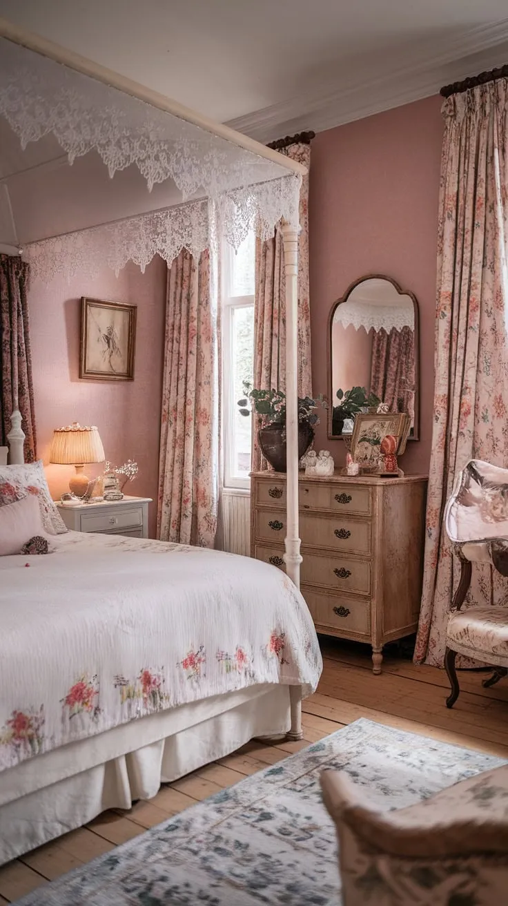 Lost in the charming details of this French-inspired bedroom. The delicate lace canopy, floral bedspread, and soft pink walls create a romantic and utterly captivating space. Every element, from the aged wooden dresser to the vintage lamp, contributes to the cozy and inviting atmosphere. A true haven of shabby chic elegance.