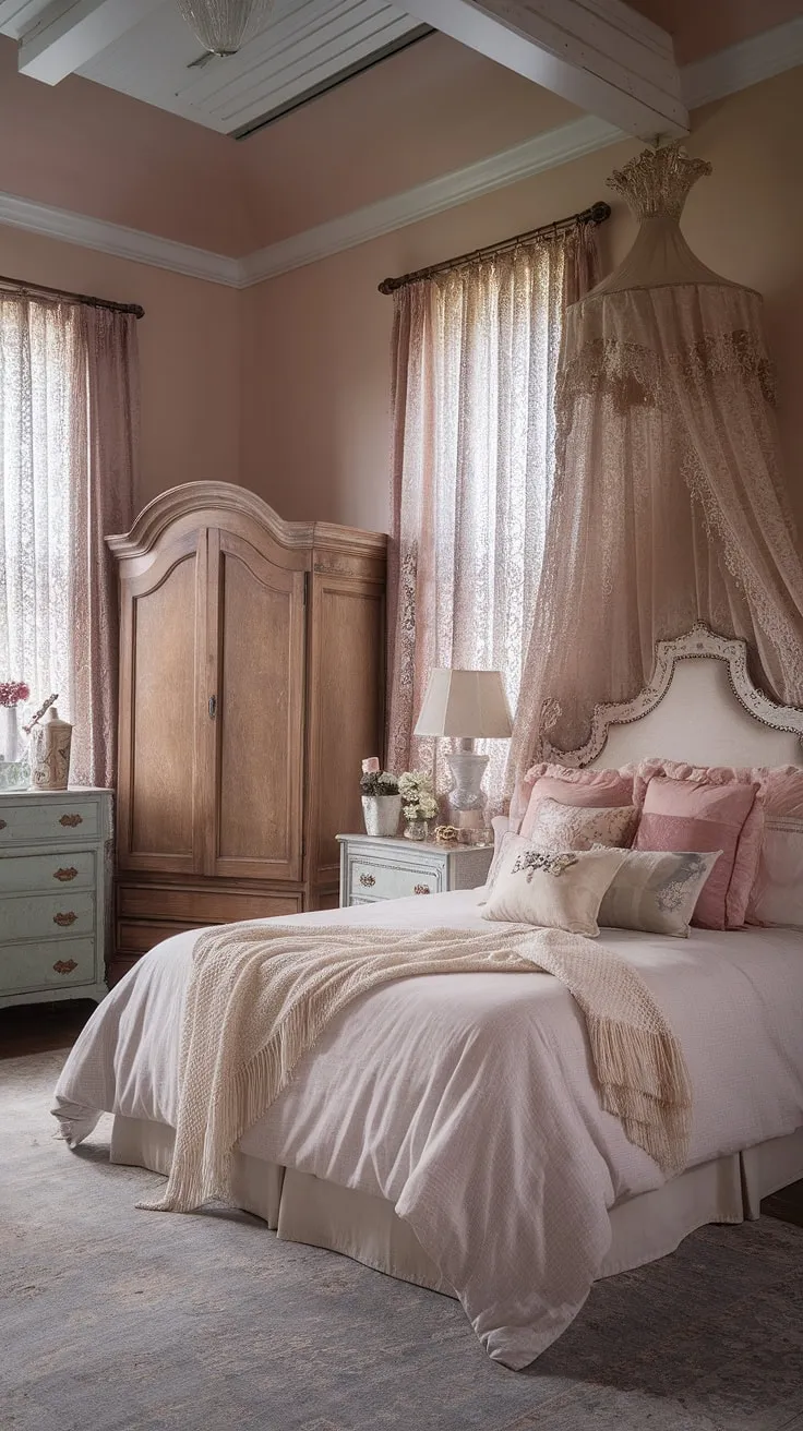 Lost in the dreamy embrace of this shabby chic bedroom, where antique charm meets delicate romance. The high ceilings and soft pastel hues create a haven of tranquility, enhanced by the intricate lace canopy and vintage furniture. A perfect escape, filled with whispers of bygone eras.
