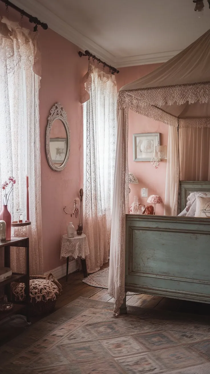Drift off to sleep in this dreamy shabby chic haven. The soft pink walls, delicate lace canopy, and antique wooden bed create a romantic atmosphere perfect for quiet evenings and whispered secrets. A truly enchanting escape.