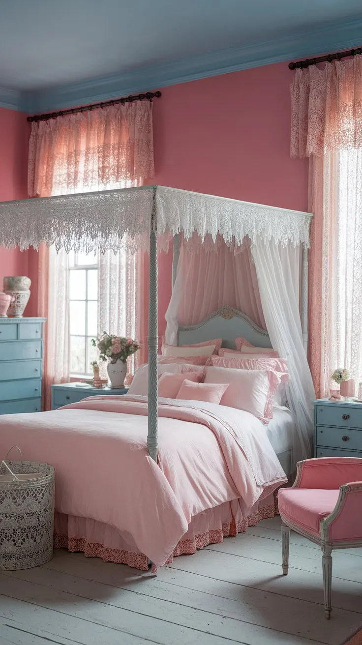 Lost in the enchanting embrace of a shabby chic Victorian bedroom. The pale pink walls and blue ceiling, complemented by the intricate lace and soft furnishings, evoke a sense of timeless elegance and romantic charm. A truly captivating retreat.
