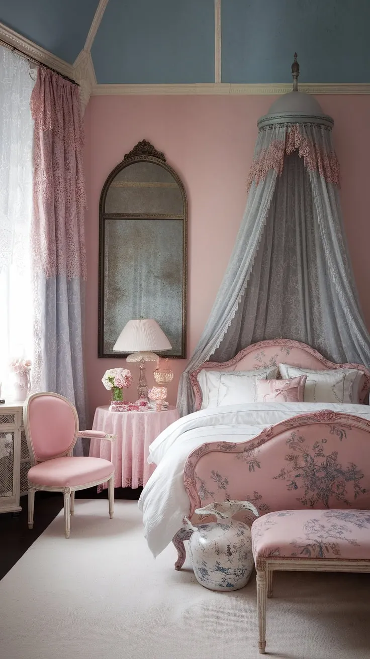 Lost in the dreamy embrace of this shabby chic haven, where pastel hues and Victorian charm intertwine to create a sanctuary of romance. The delicate lace, antique mirror, and floral bed frame whisper tales of bygone eras, inviting you to unwind and let your imagination soar. A perfect escape.