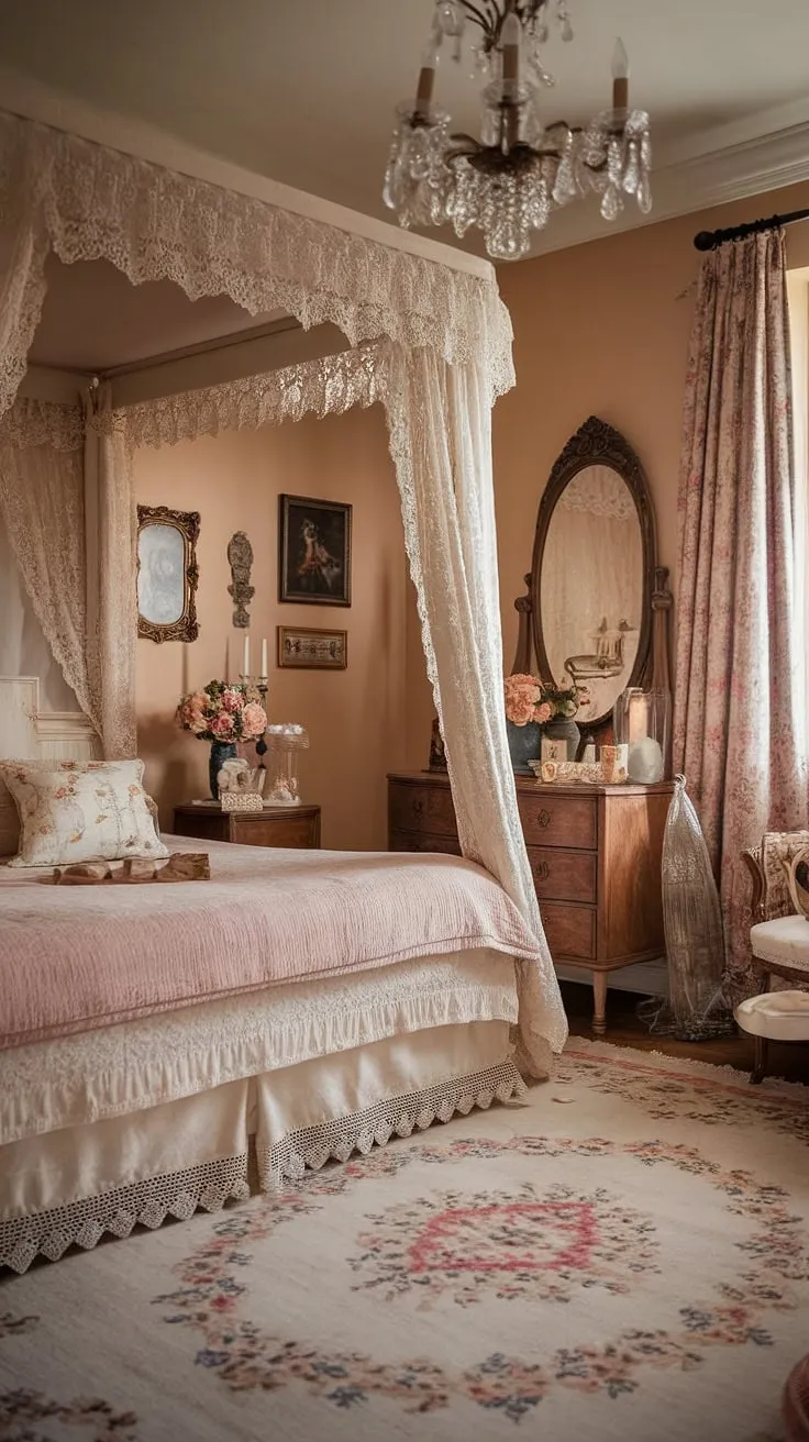 Lost in the lace and whispers of a bygone era, this Victorian bedroom is a sanctuary of romantic charm. The warm glow of the chandelier dances across the floral rug, creating a cozy haven where dreams are spun from threads of nostalgia and delicate beauty. A perfect escape.
