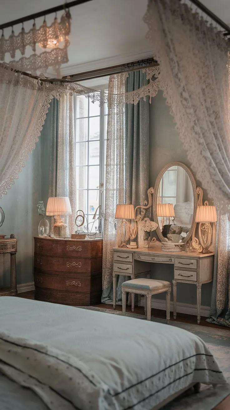 Lost in the delicate embrace of lace and faded blue, this shabby chic bedroom whispers tales of romantic yesteryears. The gentle light filtering through the lace curtains paints the room in a soft, dreamy glow, a perfect haven for quiet contemplation and whispered secrets. A vintage haven where time seems to slow down.