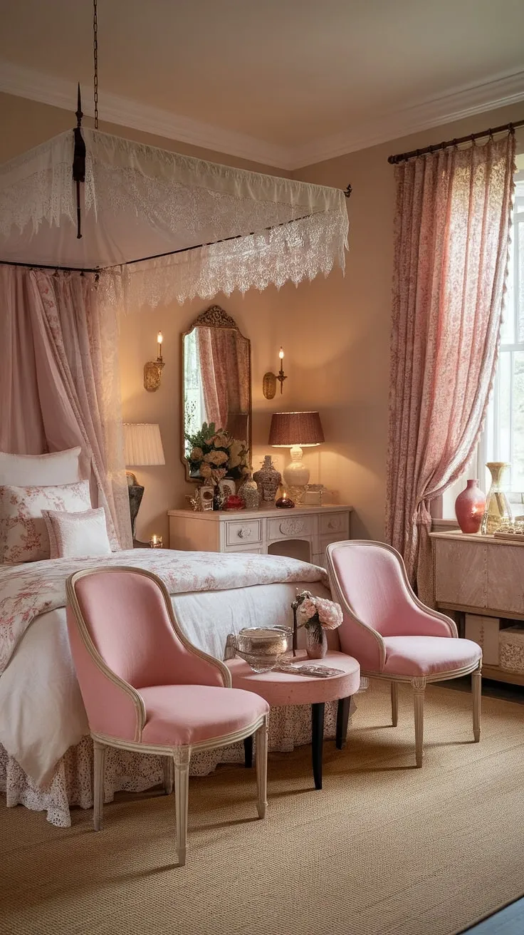 Step into a world of vintage charm and romantic whispers. This shabby chic bedroom, with its lace-draped windows and floral bedding, is a haven of tranquility. The warm glow of the lamp and the delicate details create an atmosphere of pure serenity; a place where dreams are born and cherished.