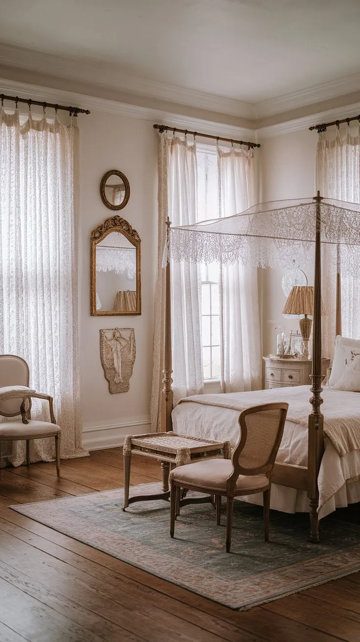 Lost in the lace and whispers of a bygone era, this shabby chic bedroom is a testament to romantic elegance. The four-poster bed, a centerpiece of delicate beauty, promises peaceful nights amidst the gentle glow of the antique lamp. A truly enchanting space, perfect for escaping the everyday.