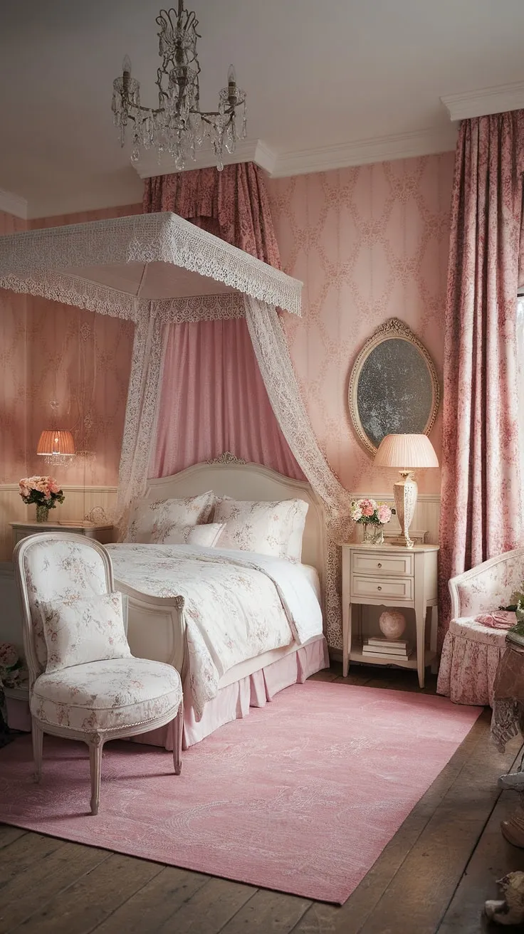 Step into a world of delicate lace and whispered secrets, where the soft glow of a chandelier dances across floral bedding and a charming pink rug. This Victorian shabby chic bedroom is a haven of romantic tranquility, a sanctuary designed for dreams. The intricate details, from the canopy to the patterned walls, create an atmosphere of timeless elegance.