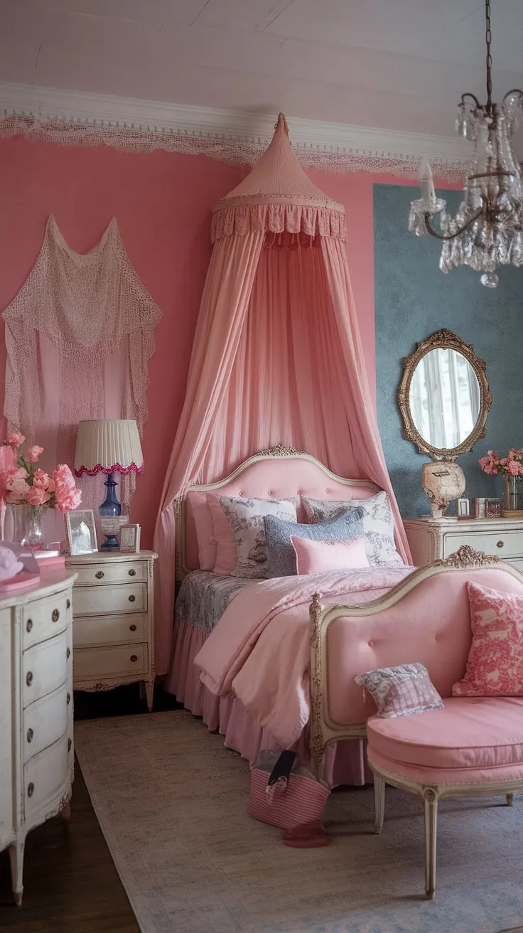 Step into a dreamy escape where vintage charm meets modern elegance. This shabby chic haven, with its soft pink and blue hues, whispers tales of bygone eras while embracing a grand millennial aesthetic. The delicate lace, antique furniture, and twinkling chandelier create an atmosphere of pure romance.