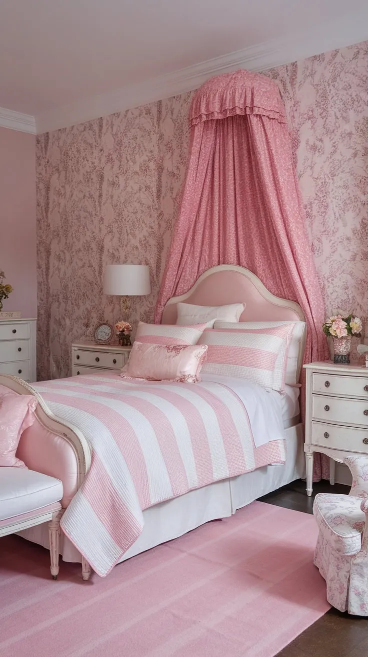 Step into a dreamy escape where vintage charm meets modern femininity. The soft pink and white palette, complemented by delicate floral wallpaper and a cozy striped quilt, creates a haven of tranquility. This shabby chic bedroom is the perfect blend of old-world elegance and contemporary comfort, a space designed for relaxation and self-care.