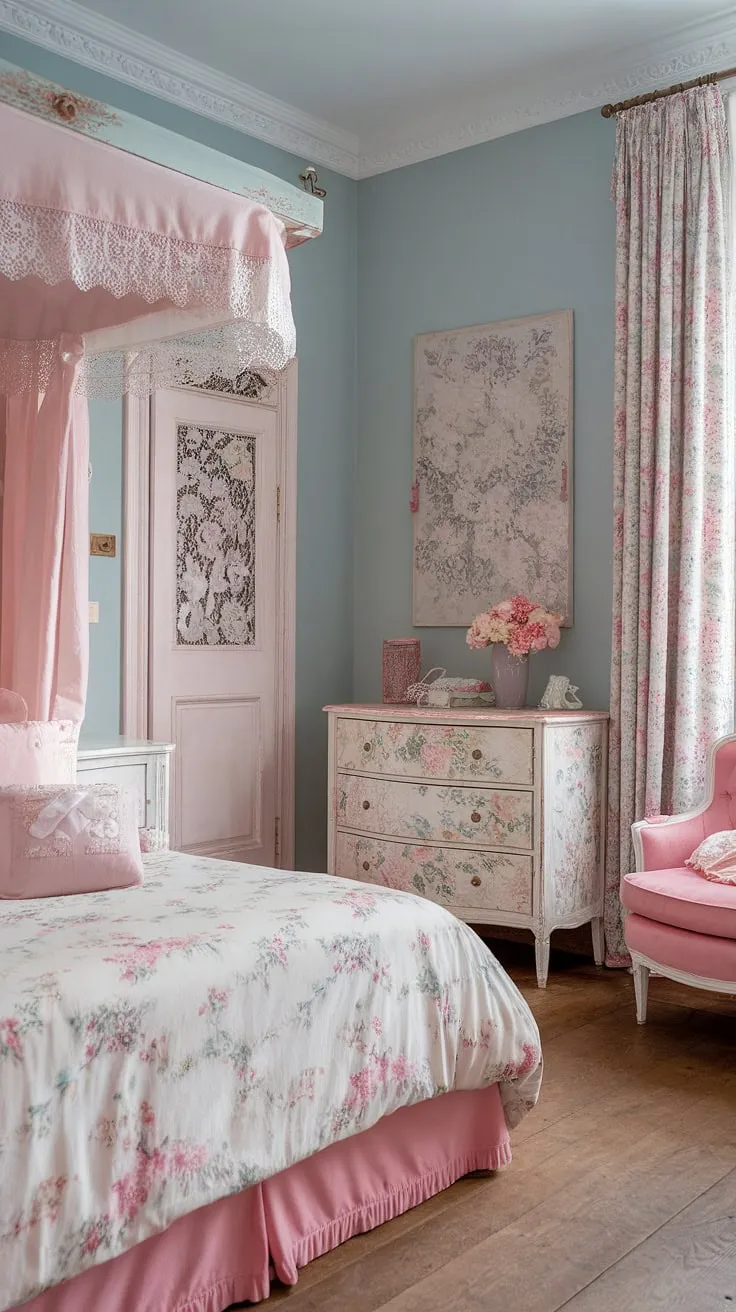 Step into a dreamy escape where vintage charm meets modern femininity. This shabby chic bedroom, painted in a calming light blue, is a haven of floral patterns, delicate lace, and pastel hues. The pink bed, adorned with a floral duvet, invites sweet dreams, while the white dresser and pink chair add a touch of playful elegance. A perfect blend of old-world romance and contemporary grace.