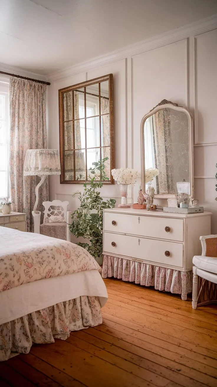 Lost in the loveliness of this vintage girly bedroom. The whitewashed walls and wooden floors provide a calming backdrop for the floral bedding, antique dresser, and ornate mirror. A space brimming with character and a touch of whimsical romance; a true testament to the enduring appeal of shabby chic style.