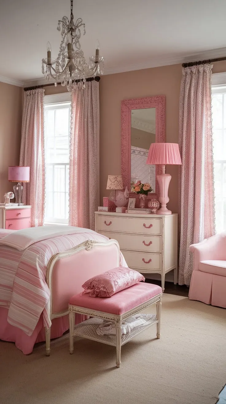 A haven of pink and white, this vintage-inspired bedroom whispers stories of bygone eras. The delicate lace, the antique chandelier, and the soft textures create a space that's both romantic and utterly relaxing. A perfect blend of shabby chic and girly charm, it's a room designed for sweet dreams and quiet contemplation.