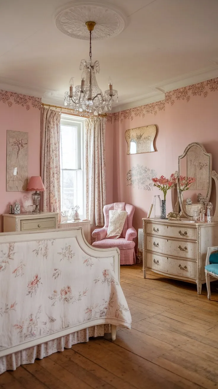Lost in the dreamy details of this vintage-inspired bedroom. The soft pink walls, adorned with floral wallpaper, create a romantic atmosphere. Every piece, from the antique chair to the ornate mirror, tells a story, whispering tales of bygone eras. A truly enchanting space.