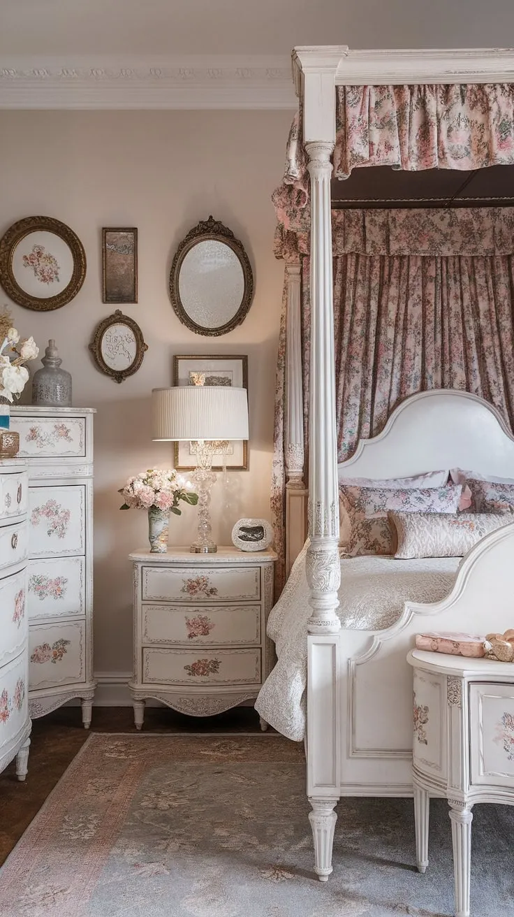 Step into a haven of vintage charm and feminine grace. This shabby chic bedroom, adorned with floral details and a grand millennial aesthetic, whispers tales of bygone eras while embracing modern comfort. The white four-poster bed, delicate dresser, and intricately carved nightstand create a space that's both elegant and inviting. A perfect blend of old-world romance and contemporary style.
