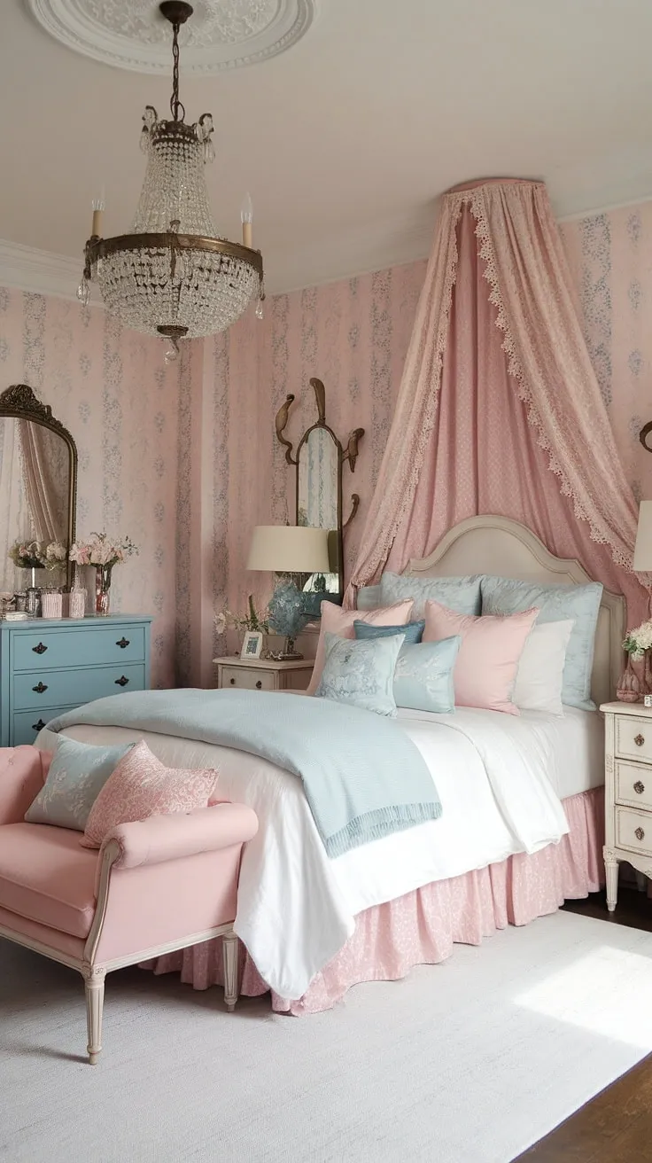 Step into a dreamy escape where vintage charm meets modern elegance. This shabby chic haven, with its pastel hues and delicate lace, whispers tales of bygone eras while embracing a fresh, grand millennial aesthetic. The carefully curated details, from the ornate chandelier to the perfectly placed vintage mirror, create a space that is both inviting and utterly captivating. A true sanctuary for the soul.