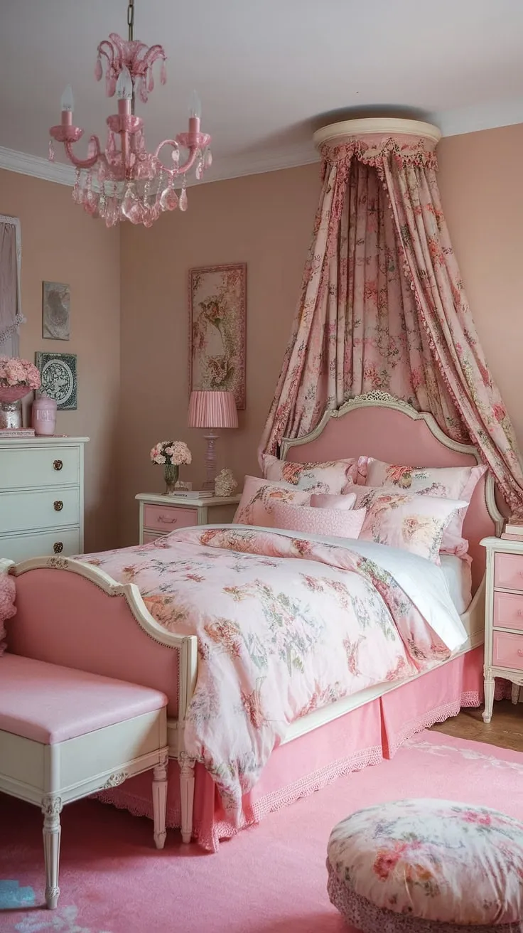 This bedroom is a testament to the enduring allure of vintage style. A curated collection of feminine touches, from the floral bedding to the delicate lace accents, creates a space that's both romantic and utterly captivating. The pale pink palette and antique furniture whisper tales of bygone eras, while maintaining a fresh, modern appeal. A sanctuary of sweet dreams.