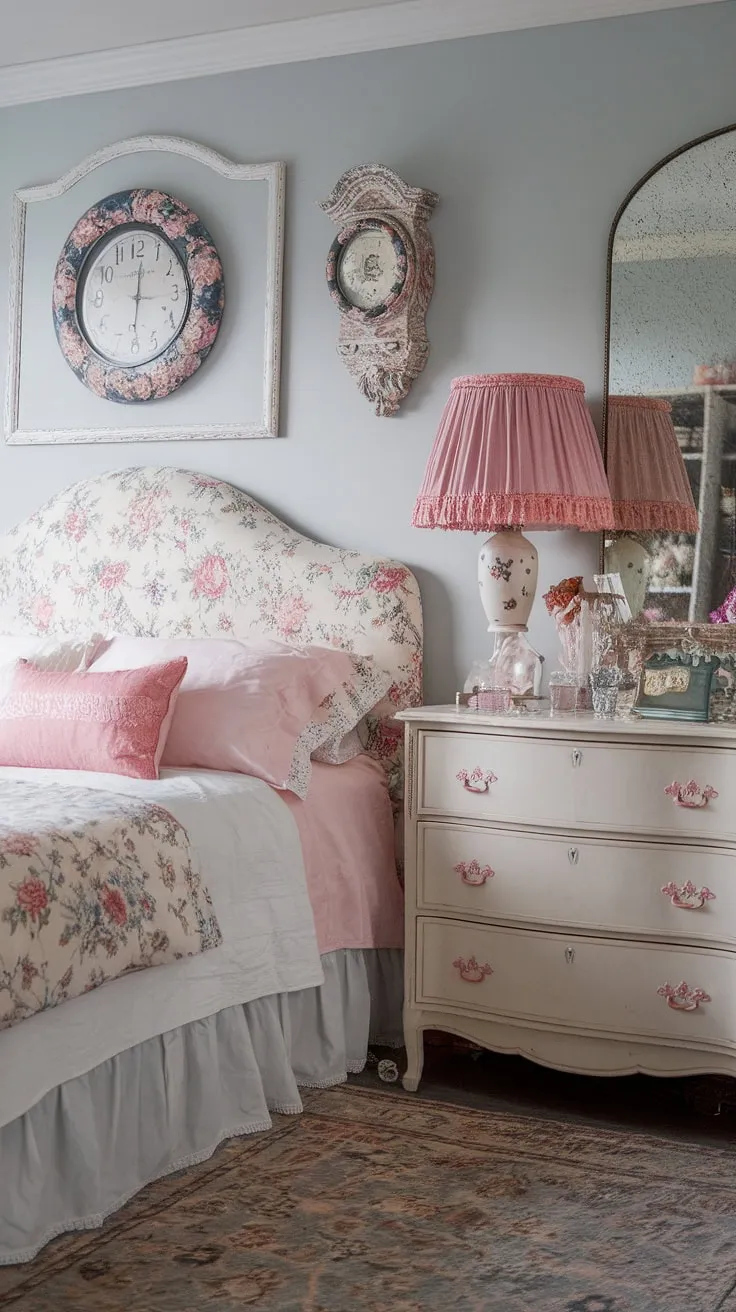 Lost in the dreamy details of this shabby chic retreat. A delicate floral pattern on the headboard and a soft pink lampshade create a feminine atmosphere, while the antique dresser and charming wall clock add a touch of vintage elegance. The light blue walls and patterned rug complete this perfectly curated space.